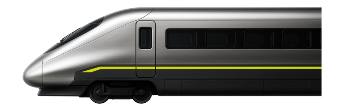 Express train with a streamlined silver body on a platform with safety barriers