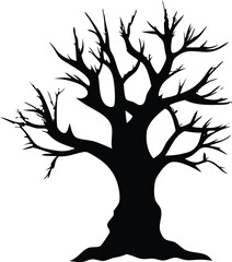 Silhouette of a stark bare deciduous tree with intricate branching limbs against a stark white background evoking a sense of winter or dormancy