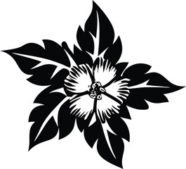 Elegant black and white woodcut style illustration of a stylized starburst flower with detailed petals and leaves