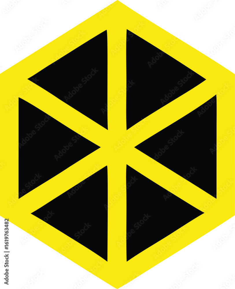 Poster abstract geometric hexagonal design featuring bright yellow lines intersecting on a black background