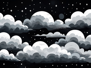 Monochrome illustration of a fluffy cloud on a black background with stars. Comic book or manga style sky graphic.