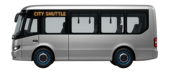 City shuttle minibus with digital destination display and multiple standing areas