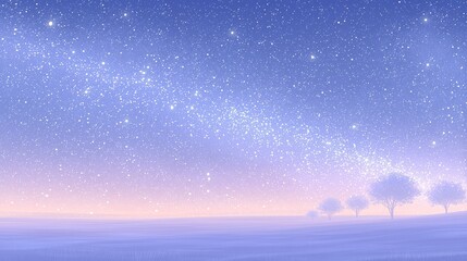 星空の下の広い草原　夜明け前の幻想的な風景イラスト