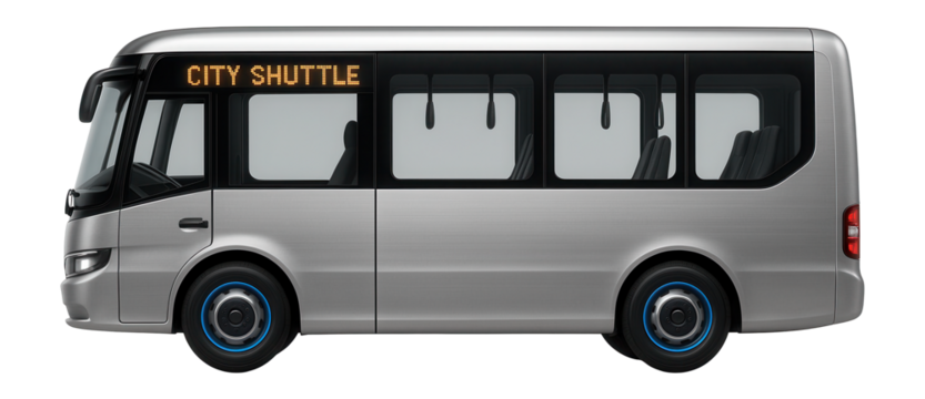 City shuttle minibus with digital destination display and multiple standing areas