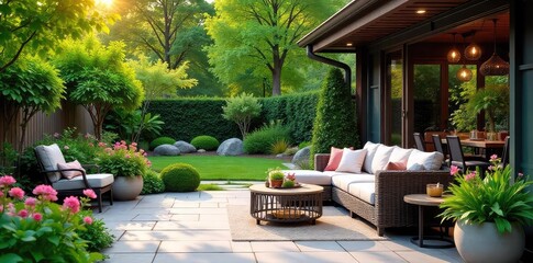 Serene patio garden oasis, perfect for relaxation and outdoor entertaining Lush greenery, blooming flowers, comfortable seating, and elegant decor create a tranquil atmosphere , leaves, wood