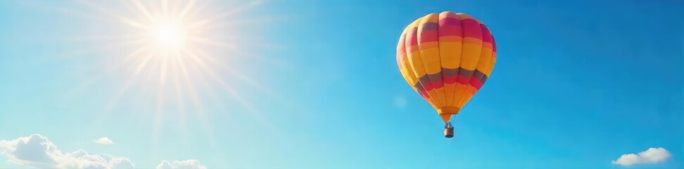 Naklejka premium A vibrant hot air balloon ascends into a clear, sun-drenched sky, its bright colors a stark contrast to the azure expanse Perfect for travel, adventure, freedom, and summer themes , freedom, vista
