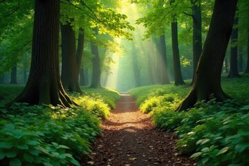 Obraz premium Sun-dappled path winds through a lush, ancient woodland, sunlight filtering through leaves onto the forest floor Discover tranquility in this serene nature scene , ecosystem, green, organic