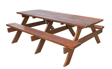 Wooden picnic table with long benches. Wood furniture for outdoor dining isolated. 