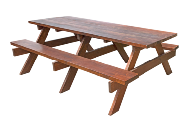 Wooden picnic table with long benches. Wood furniture for outdoor dining isolated. 