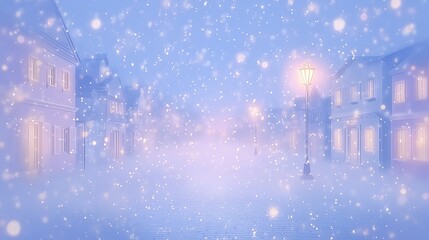 雪降る街角と街灯　小さな町の冬の夕景イラスト