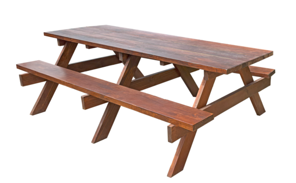Wooden picnic table with long benches. Wood furniture for outdoor dining isolated. 