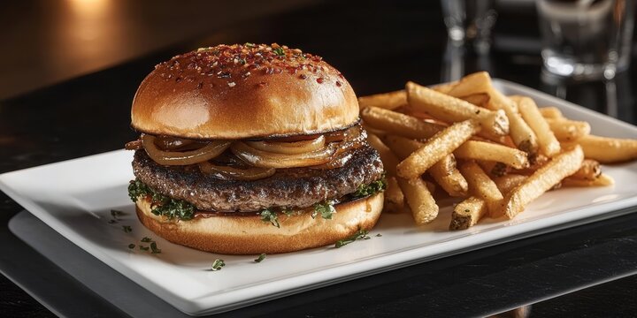 Satisfying Gourmet Burger with Sweet Onion Rings, Crispy French Fries, and Artisan Bun Presentation - Powered by Adobe