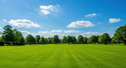 Lush green field under a bright blue sky with scattered clouds