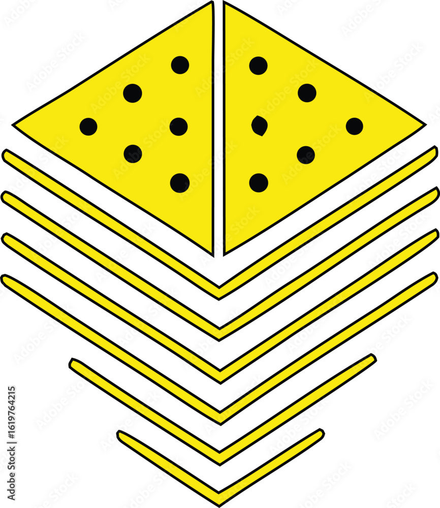 Poster abstract geometric design featuring stacked yellow chevron shapes with a diamond like top adorned wi