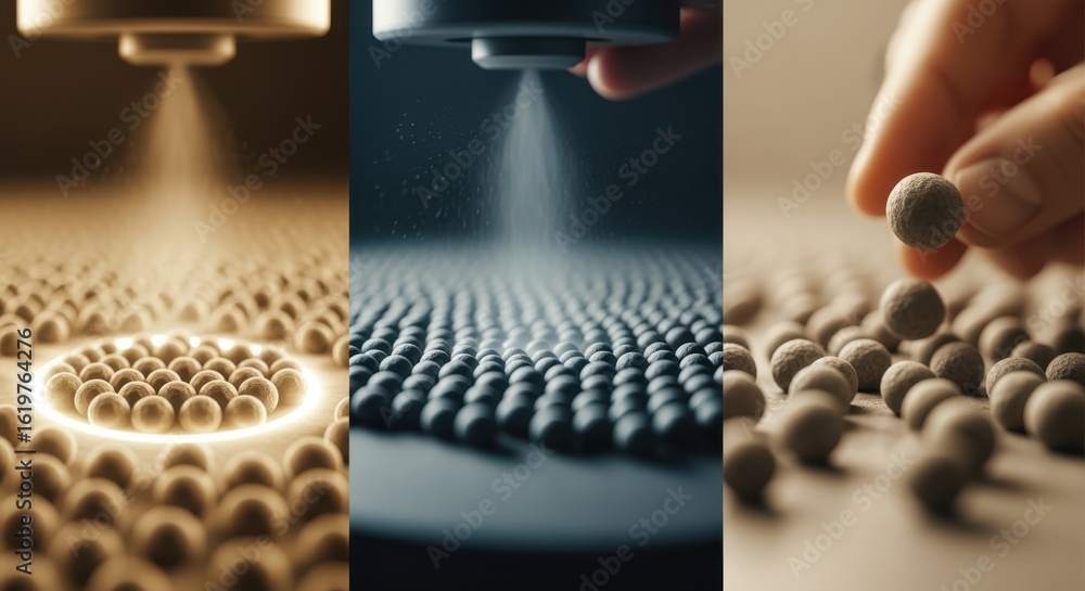 Poster workflow showing sequential pellet fabrication steps from microsphere formation to coating illustrat