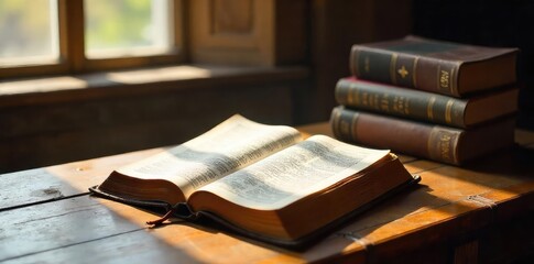 A well-worn Bible rests open on an antique wooden table beside a stack of Christian devotional books, bathed in soft sunlight A scene of peaceful faith and spiritual study , christian, book