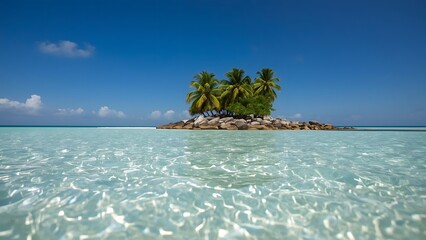 Serene island beach with white sand crystal water and tropical palms