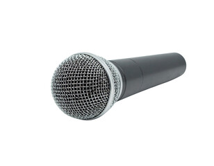 Close-up of a metal vocal microphone for music and audio recording, isolated on a white background