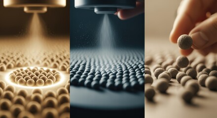 Workflow showing sequential pellet fabrication steps from microsphere formation to coating illustrating industrial fusion target production stages.