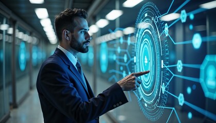 Businessman in a suit interacting thoughtfully with a futuristic digital interface in a high-tech environment