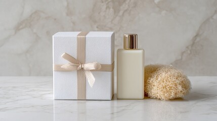 White Gift Box with Loofah and Bottle on Marble Surface. High quality
