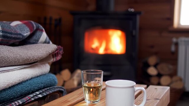 Cozy indoor scene with a warm fireplace, stacked blankets, a glass of drink and mug on wooden table in rustic cabin setting