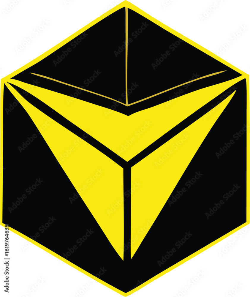 Poster geometric abstract design featuring sharp yellow lines within a black hexagonal prism shape