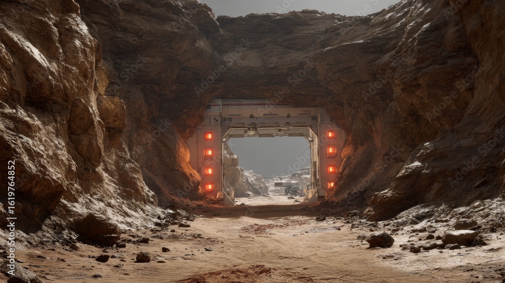 Poster robotic blockade at mars canyon pass with warning lights reflecting on rocks