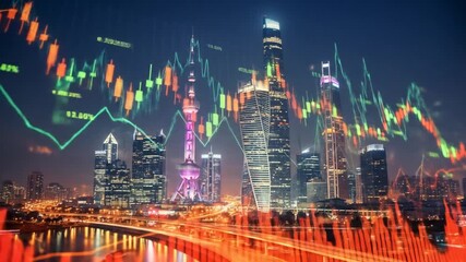 Shanghai Skyline: Night Trading, Dynamic Stock Charts - Powered by Adobe