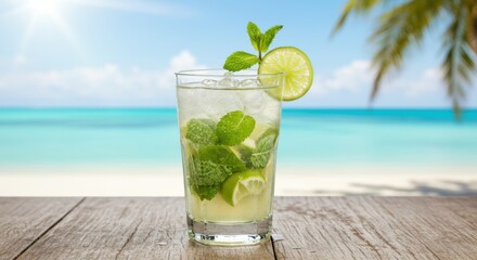 Refreshing mojito drink on a wooden table at the beach