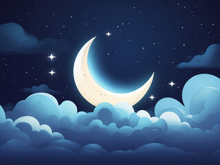 Beautiful night sky with a crescent moon, a bright star, and clouds. Fantasy or religious background for Christmas or Ramadan.