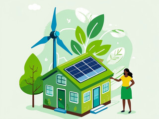 Illustration of a sustainable home with solar panels and a wind turbine. Concept of green, eco-friendly, and renewable energy.	
