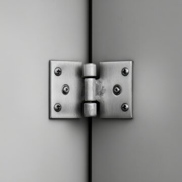 Metal Hinge Connects Cabinet Doors. For home improvement, detail shot, simple bkg