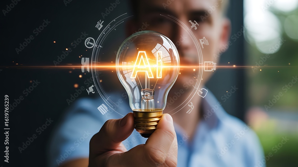 Poster man holding glowing light bulb with a i symbol and circular icons ai artificial intelligence idea