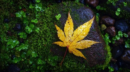 Yellow Maple Leaf on Green Mossy Stone During a Rainstorm. High quality