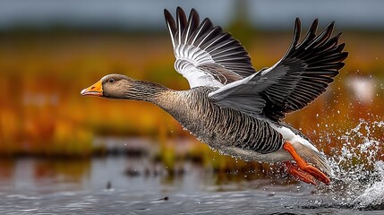 Greylag Goose Taking Off from Water Close-up - Dynamic Moment of Wild Animal