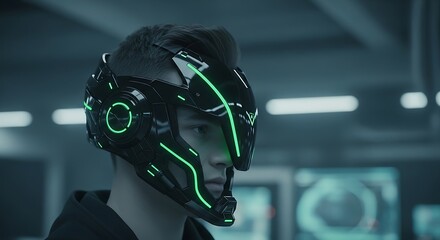 Futuristic helmet with glowing green accents worn by a young man in a high tech environment