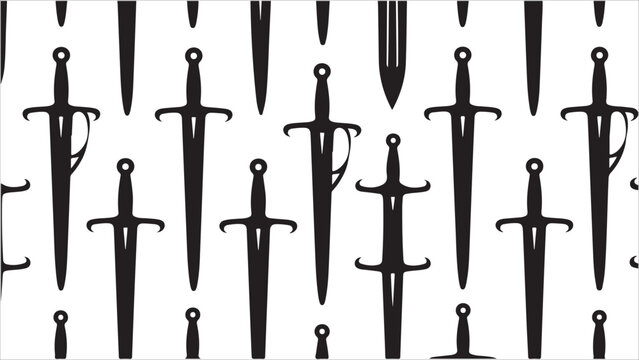 Repeating pattern of black sword silhouettes on a white background in a uniform arrangement