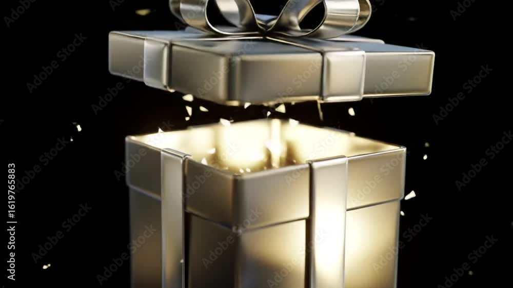 Poster 3d rendering of an open gift box with golden wrapping and a bow on a black background with confetti