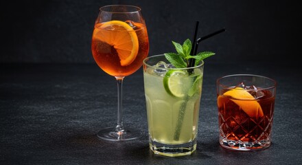 Three cocktail glasses with different drinks and fruit slices