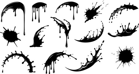 Vector art of abstract black paint splashes and drips isolated on white background