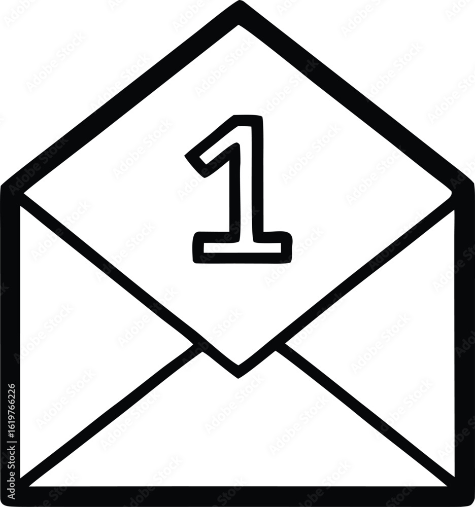 Poster hand drawn black and white icon of an open envelope with the number one prominently displayed on the