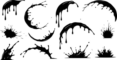 Vector art of various black ink splashes and splatters isolated on white background