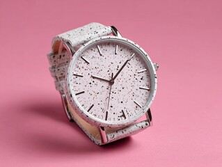 White Speckled Wristwatch on Pink Background. High quality