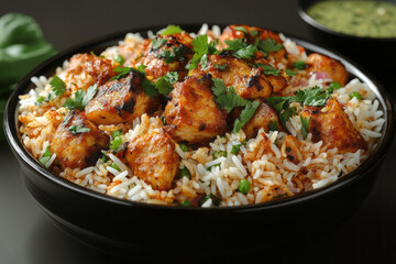 Fototapeta premium Flavorful biryani with grilled chicken and herbs in black ceramic bowl presented with sides on elegant dark background