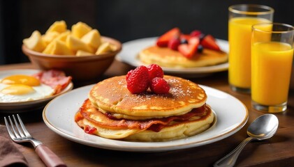 A table laden with a delicious and hearty breakfast spread, including pancakes, bacon, eggs, fruit, and juice, perfect for satisfying a hungry stomach , juice, breakfast, vibrant