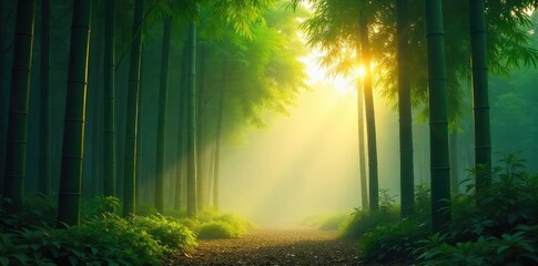 Obraz premium Serene bamboo forest bathed in the soft light of dawn, mist clinging to the lush green foliage Tranquil, peaceful scene evokes a sense of calm and natural beauty , china, green