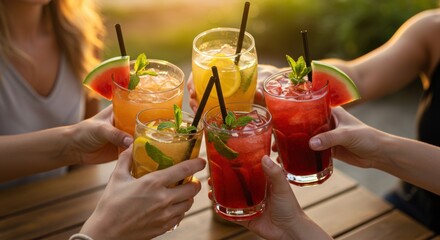 People toasting with colorful summer cocktails outdoors