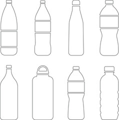 Water bottle set Icon plactic and glass bottles Plastic and aluminum bottled beverage symbol. Water, soda and juice silhouette Plastic bottle collection. Vector illustration stock illustration Eps 10
