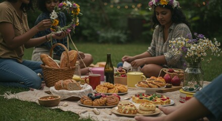 A joyful group of diverse women is having a summer picnic in a lush garden.